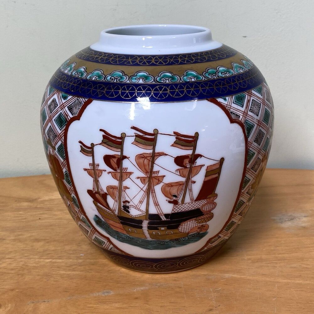 Vtg Japan Hand Painted Schooner & People Gold Imari 8" Ginger Jar Vase No Lid